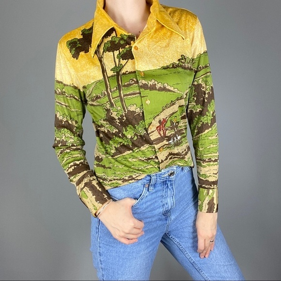 1970s Dagger disco collar button down long sleeve shirt. Novelty print - Picture 8 of 9